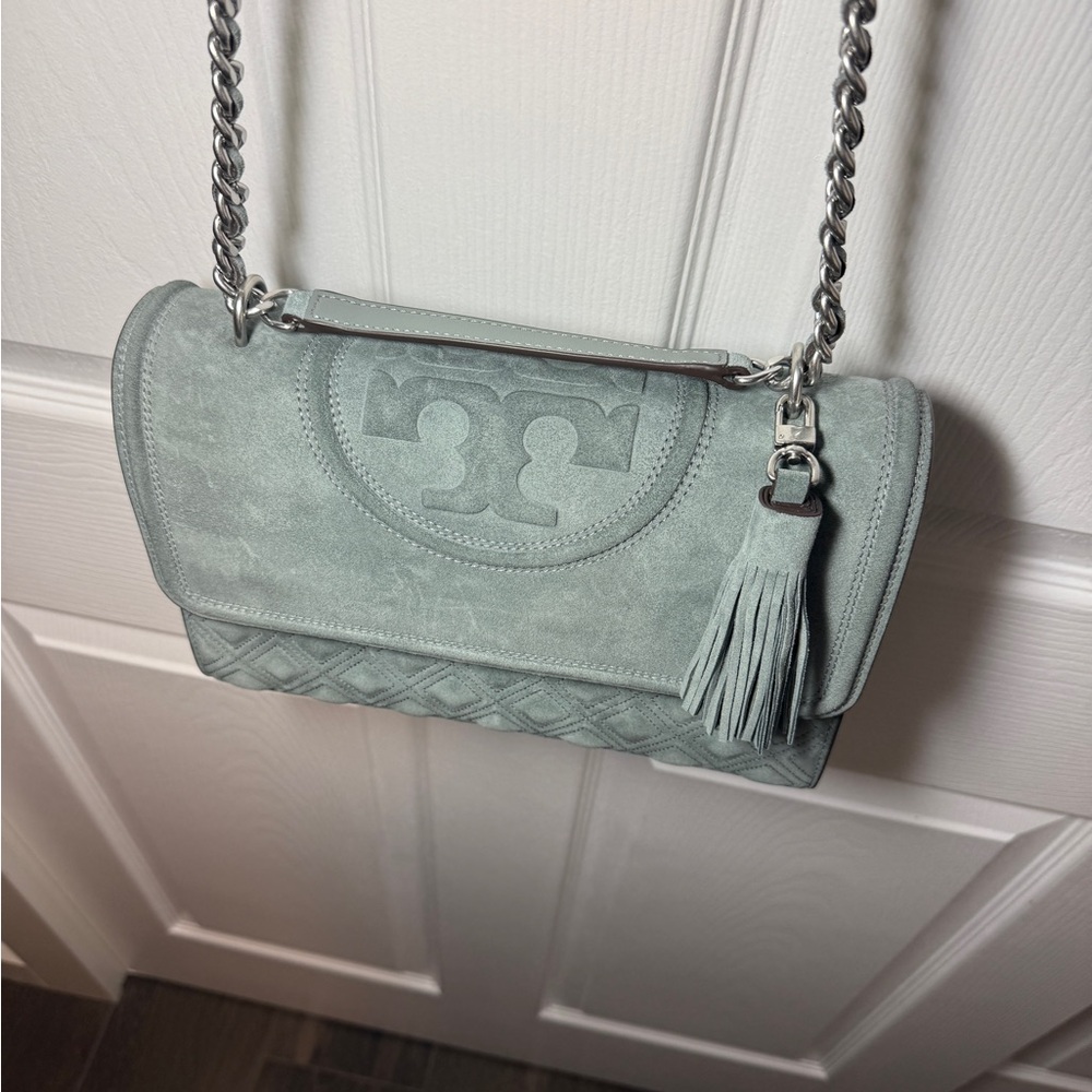 Tory Burch Blue Clay Suede Large Convertible Fleming Shoulder Bag with Tassel - Picture 4 of 9